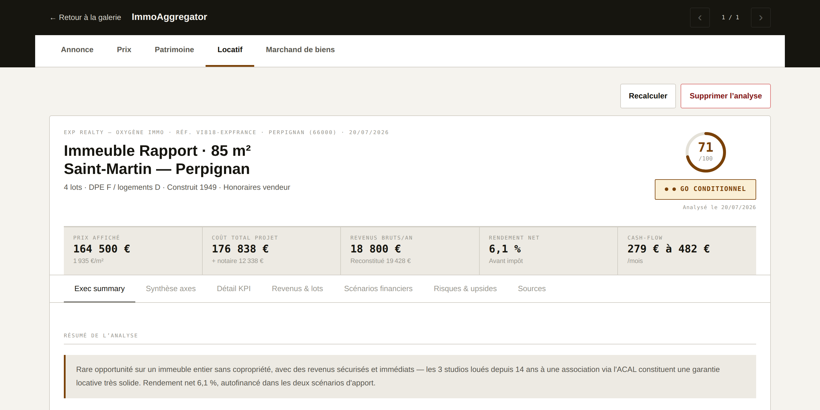 Analyse locative BienAuFait avec score, rendement net et cash-flow.