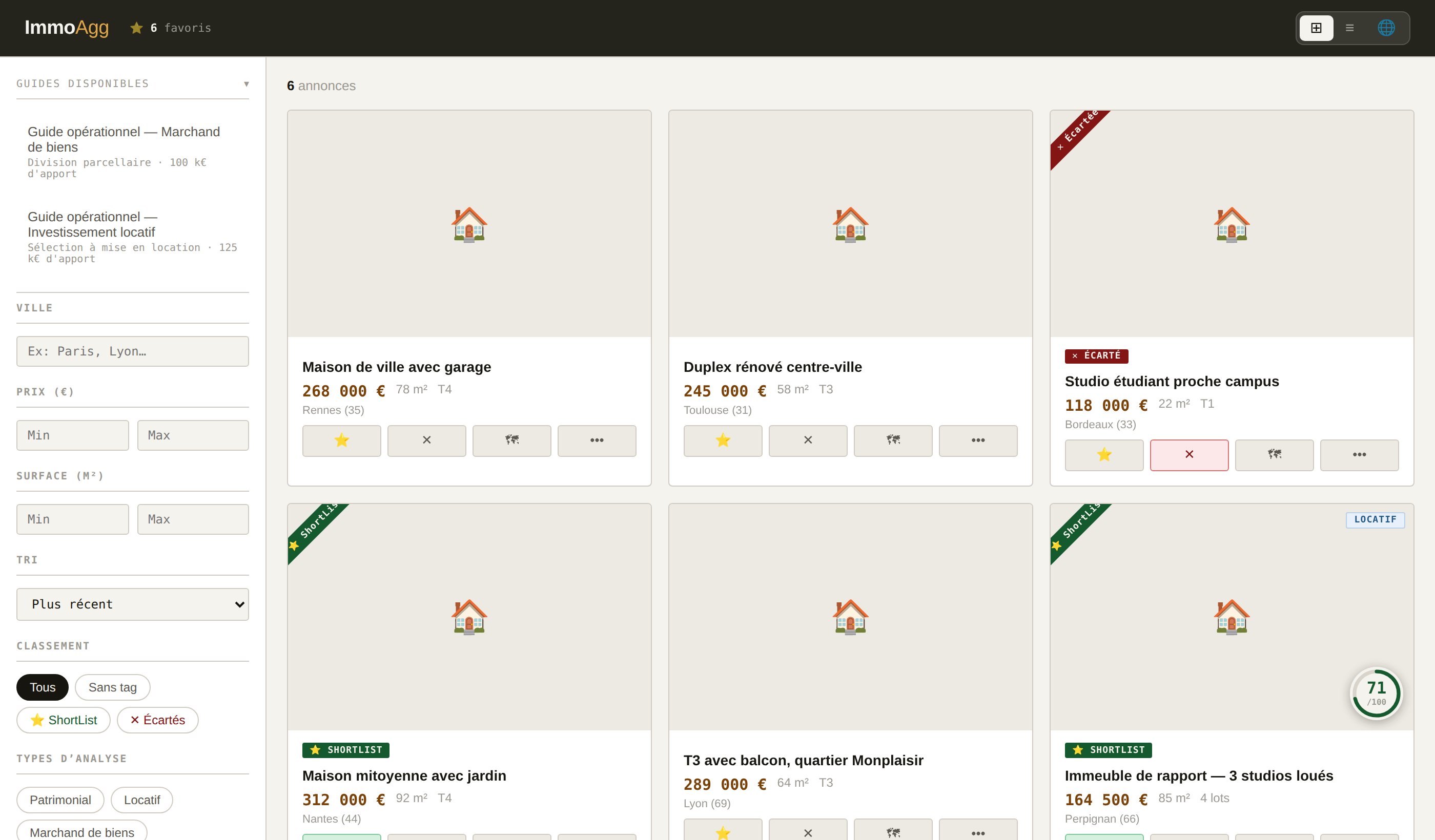 Galerie BienAuFait avec annonces, filtres, scores et indicateurs financiers.